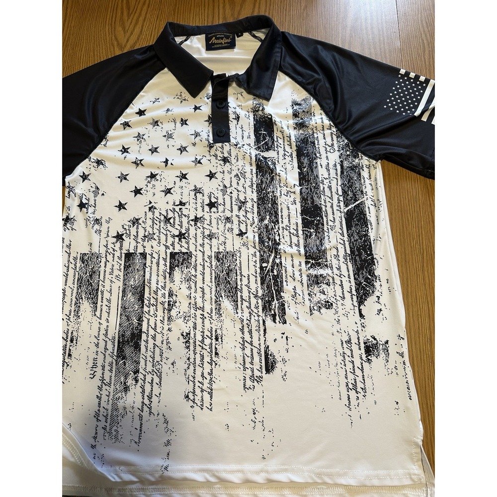 Mainfini Men's Polo Shirt American Flag Graphic Black White Short Sleeve Size S